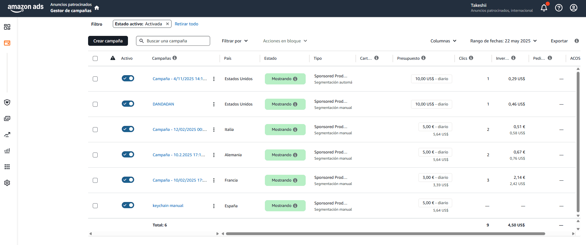 Screenshot of Amazon Ads campaign manager showing multiple active campaigns across various countries with their budget details.