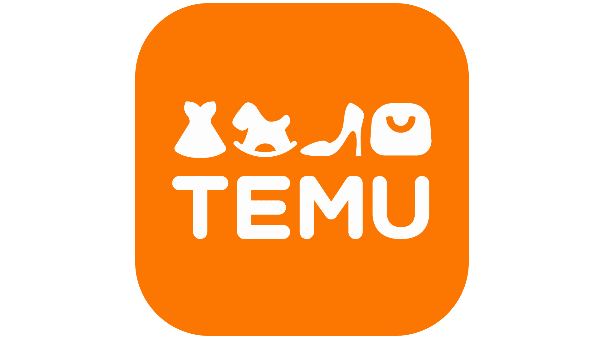 Orange logo with white dress, hat, shoe, and bag icons above the text TEMU.