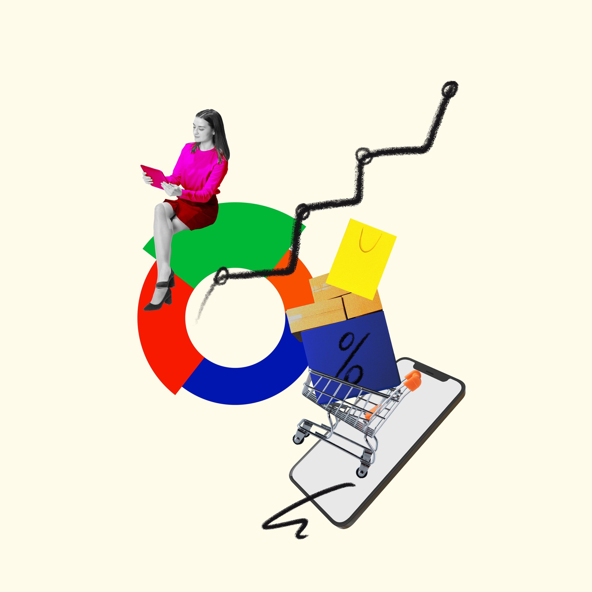 Contemporary art collage. Woman seated on pie chart with shopping cart and rising line from smartphone. Online retail, Sales increase.