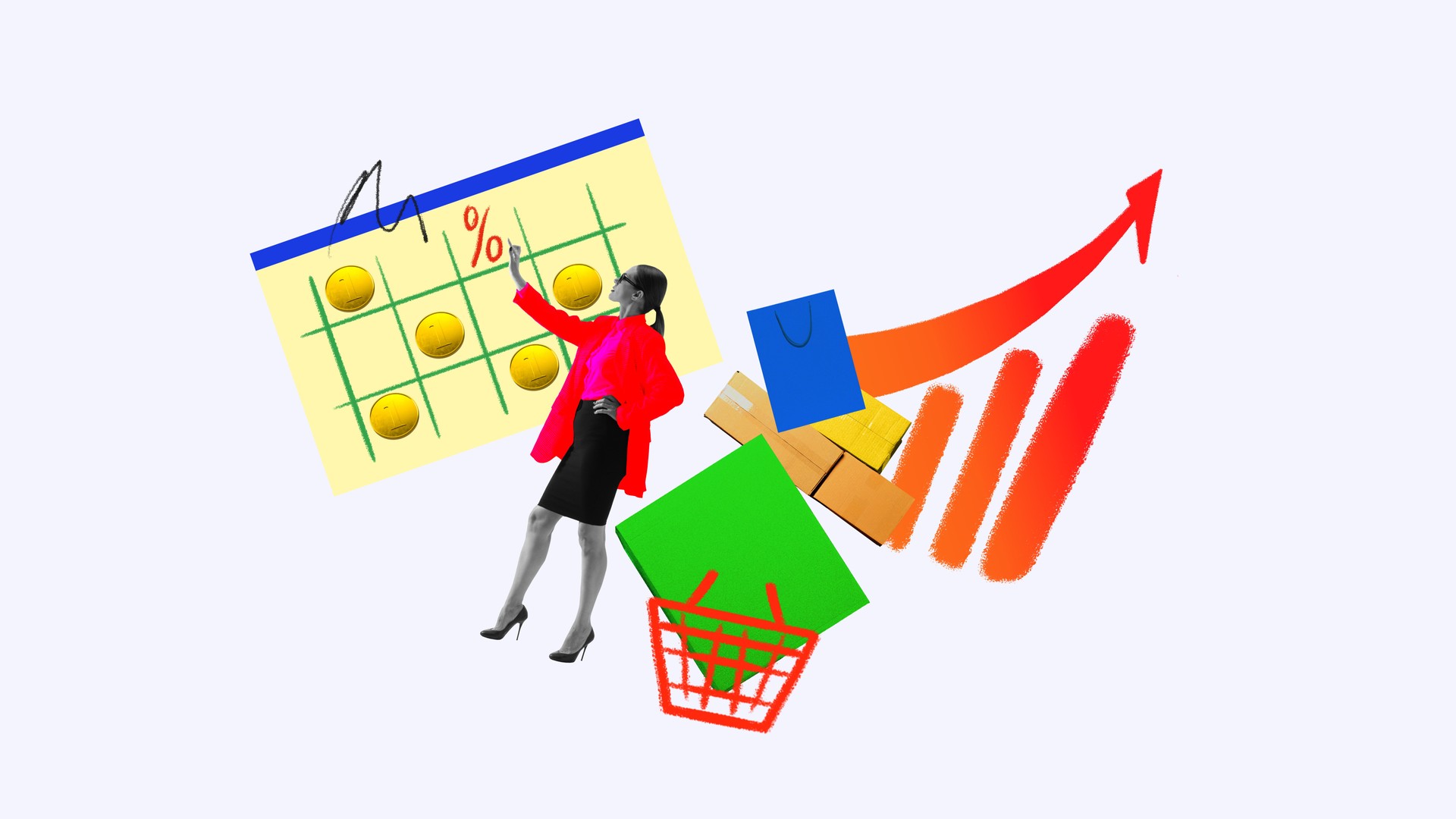 Contemporary art collage. Woman, analytic, points at calendar with percentages, surrounded by shopping bags and coins. Discount offers, market forecasting.
